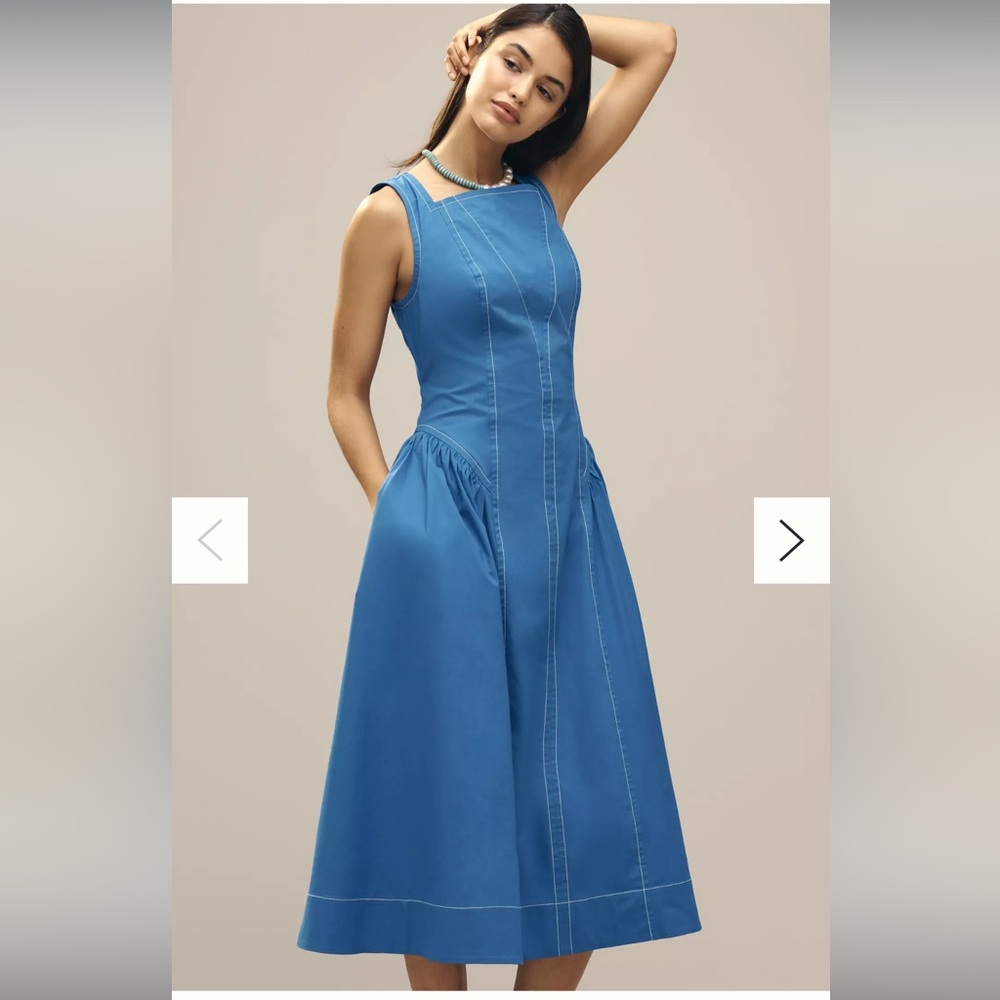 Anthropologie high-neck seamed midi dress bright blue size xs
